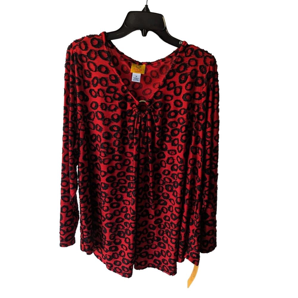 Ruby Rd Womens Plus Top Lipstick Abstract Pattern‎ Ring Accent Long Sleeve 1X